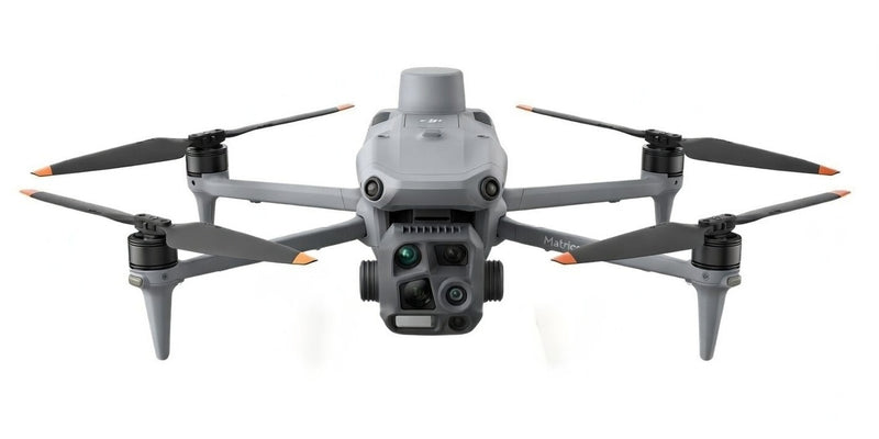 DJI Matrice 4T enterprise thermal drone front view showing five-sensor gimbal with 640x512 infrared thermal camera 48MP wide-angle 48MP medium telephoto 48MP telephoto with 112x hybrid zoom and laser rangefinder for inspection deer recovery and public safety from Covert Drones