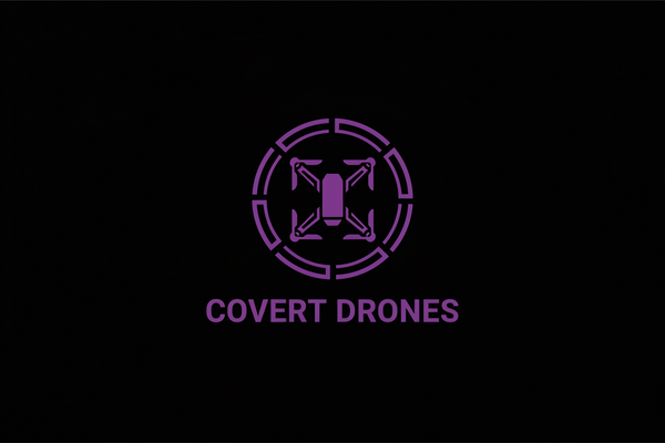 A purple drone icon inside a segmented circular target with the text 'COVERT DRONES' below it, centered on a solid black background.