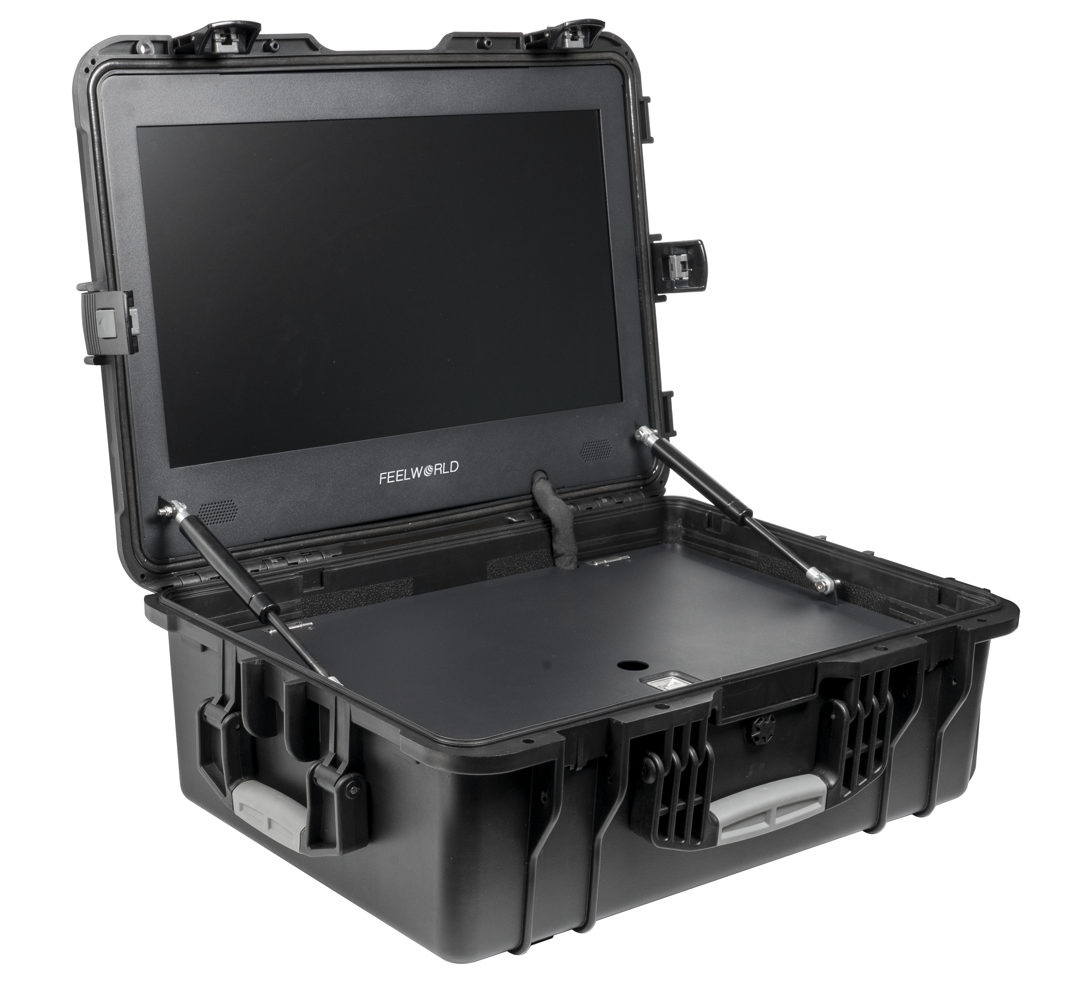 Side view of the Covert Tactical Vision 21.5” Field Monitor open, showcasing its slim profile and rugged tactical-grade design on a white background.